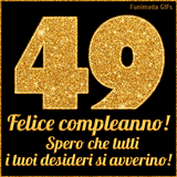 Un GIF animato per un 49° compleanno, Presenta il testo 'Buon Compleanno 49' su uno sfondo giallo vivo con palloncini colorati, festoni e una pioggia di coriandoli.