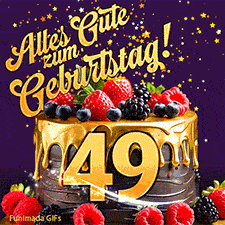 Eine köstlich aussehende animierte Geburtstagskarte für den 49. Geburtstag, dekoriert mit Erdbeeren, Blaubeeren und goldenen Details, Sterne funkeln und fallen, mit 'Alles Gute zum Geburtstag!'-Text.