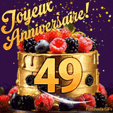 Une animation de célébration d'un gâteau de 49ème anniversaire, Des étoiles dorées tombent du ciel, mettant en valeur le texte 'Joyeux Anniversaire !' et le nombre doré 49 à l'avant du gâteau.