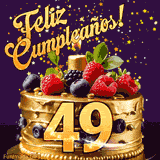 Una animación de celebración de una tarta para el 49º cumpleaños, Estrellas doradas caen del cielo, destacando el texto '¡Feliz Cumpleaños!' y el número dorado 49 en la tarta.