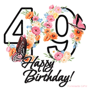 A floral 49th birthday animated greeting card. The number '49' is surrounded by animated flowers and butterflies, creating a beautiful and cheerful way to celebrate the milestone.