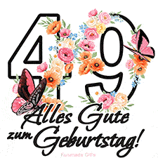 Ein florales GIF zum 49. Geburtstag. Die Zahl '49' ist von animierten Blumen und Schmetterlingen umgeben und bietet eine schöne und fröhliche Art, den Meilenstein zu feiern.