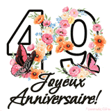 Ce GIF de Joyeux 49ème Anniversaire présente le nombre vingt rempli d'un bouquet vibrant de fleurs animées, avec des papillons qui bougent doucement sur un fond blanc.
