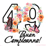 Questo GIF di Buon 49° Compleanno mostra il numero venti riempito con un vibrante bouquet di fiori animati, con farfalle che si muovono dolcemente su uno sfondo bianco.