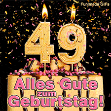 Festliche Torte mit rosa Dekoration und einer brennenden goldenen 49 als Zahlenkerze. Glanzvolles Konfetti rieselt herab. Text: Alles Gute zum Geburtstag!