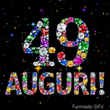 Il numero 49 e la scritta Auguri formati da gemme colorate e scintillanti su uno sfondo nero animato da piccole stelle luminose.