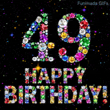 Animated bright shiny diamonds outline the number 49 and the text Happy Birthday below it, set against a black canvas with small sparkling colored bright lights.