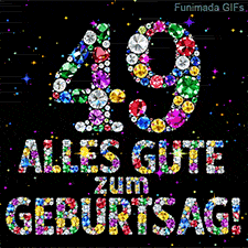 Funkelnde verschiedenfarbige Edelsteine bilden die Ziffer 49 und Alles Gute zum Geburtstag vor einem schwarzen Hintergrund mit Lichtpunkten.