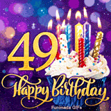 A sweet cupcake with lit candles sits near the golden number 49. Cursive Happy Birthday text is at the bottom against a sparkling purple background.