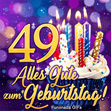 Ein blauer Cupcake mit brennenden Kerzen und die goldene 49. Darunter befindet sich der kursive Glückwunsch vor einem funkelnden lila Grund.