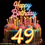 Animated rotating cake GIF for 49th birthday with rainbow frosting, lit candles, and glowing yellow number 49.