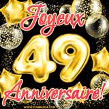 GIF animé pour un 49e anniversaire avec des ballons dorés en forme de 49, entourés de ballons scintillants et du texte 'Joyeux Anniversaire!' en écriture élégante.