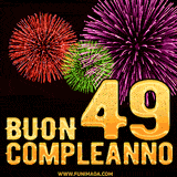 Animazione di fuochi d'artificio colorati con il numero 49 in oro brillante e la scritta 'Buon Compleanno' su uno sfondo nero festivo ed elegante.