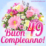 Bouquet animato con rose rosa, margherite e altri fiori colorati, con il numero 49 e la scritta 'Buon Compleanno!' in stile elegante e luminoso.