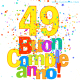 Animazione con il numero 49 in giallo e scritte multicolore 'Buon Compleanno!', accompagnate da una pioggia di stelle e coriandoli colorati.