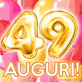 Bouquet animato di palloncini multicolori che emergono da una scatola regalo, con il numero 49 e la scritta 'Tanti Auguri!' su uno sfondo pieno di coriandoli.
