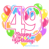 An animated birthday greeting card with a large '49' in pink outline surrounded by colorful balloons heart-shaped frame, and 'Happy Birthday!' written below in hand-written font.