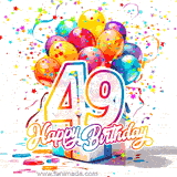 A festive birthday age GIF with animated star confetti, colorful balloons, and a gift box with the number 49. The text reads 'Happy Birthday'.