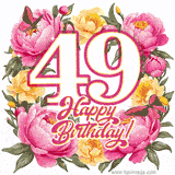 A celebratory GIF image features the animated number '49' and the words 'Happy Birthday!' surrounded by pink and yellow flowers. Two moving butterflies are included in this festive design.