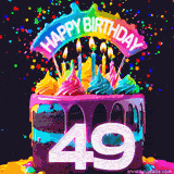 Chocolate cake with cyan layers, pink dressing and a big number 49 adorned with vibrant multicolored frosting, lit candles, and a rainbow topper with text that says 'Happy Birthday'. Animated colorful confetti move behind the cake.
