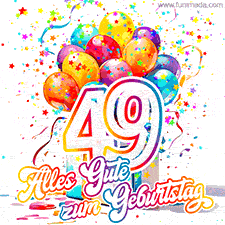 Ein lebendiges Geburtstags-GIF mit bunten Ballons, animiertem Konfetti, der Zahl 49 und den Worten 'Alles Gute zum Geburtstag' in dekorativer Schriftart.