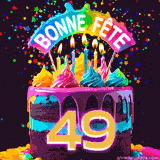 GIF animé pour un 49e anniversaire avec un gâteau au chocolat recouvert de glaçage arc-en-ciel, des bougies allumées, et le texte 'Bonne Fête' sur un fond étoilé et festif.