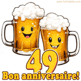 GIF animé humoristique pour un 49e anniversaire avec deux chopes de bière rigolotes, le chiffre 49 et le message 'Bon anniversaire!' sur un fond festif.