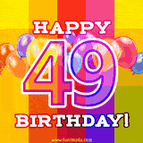 A birthday cake with lit candles is shown with colorful balloons and animated confetti.