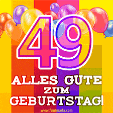Große Zahl 35 in Umrissschrift, die Worte 'Alles Gute zum 49. Geburtstag', mehrfarbige animierte Ballons und lebendiger Hintergrund.