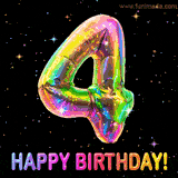 Shiny number 4 birthday celebration balloon with an iridescent glow and glitter on a black background with twinkling stars.