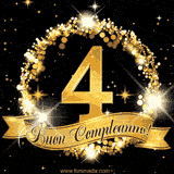 Il numero 4 è circondato da un anello dorato brillante, accompagnato da un nastro elegante con la scritta 'Buon Compleanno!' su uno sfondo scuro.