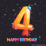 A vibrant age-specific birthday short animation displays the number '4' in shiny balloon-like letters with the words 'Happy Birthday' underneath. The dark background is punctuated with festive stars and balloons.
