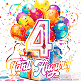 Animazione con palloncini colorati e scintillanti, accompagnata dal numero 4 in caratteri grandi e luminosi, e la scritta 'Tanti Auguri!' in stile vivace.