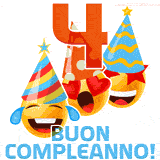 Due boccali di birra sorridenti animati, con il numero 4 e la scritta 'Buon Compleanno!' in caratteri allegri su uno sfondo bianco.