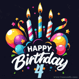 A celebratory sticker-themed 4th birthday animated image with lit candles, balloons, and streamers. The text reads 'Happy Birthday 4 with a stylized, dynamic font.