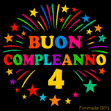 GIF animata 'Buon Compleanno 4' con lettere colorate e fuochi d'artificio
