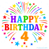 Festive 'Happy Birthday 4' animated GIF with rainbow-colored letters surrounded by fireworks and stars