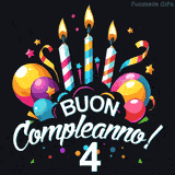 Augura buon compleanno ai 4 anni con questa GIF colorata e festosa: palloncini, stelle e candele per un augurio digitale indimenticabile