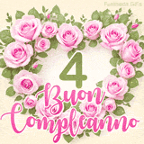 GIF per il 4° compleanno con un cuore di rose rosa e scritta elegante