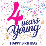 Colorful animated birthday GIF displaying the text '4 years Young' in bright pink and navy blue, with confetti falling and gold balloons floating.