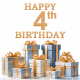Festive animated eCard with elegant 'Happy 4th Birthday' text above a pile of luxurious blue, white, and gold gift boxes and presents.