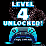 Animated GIF for a 4th birthday. The text 'Level 4 Unlocked!' and 'Happy Birthday!' are displayed over a blue video game controller with exploding fireworks in the background.