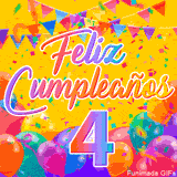 Un GIF animado para un 4º cumpleaños, Muestra el texto 'Feliz Cumpleaños 4' sobre un fondo amarillo vibrante con globos de colores, banderines y una lluvia de confeti.