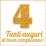GIF animata per un 4° compleanno, Mostra il numero 4 in grandi caratteri dorati pieni di glitter scintillante, Sotto, la scritta 'Tanti auguri di buon compleanno!' in un elegante oro.