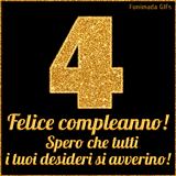 Un GIF animato per un 4° compleanno, Presenta il testo 'Buon Compleanno 4' su uno sfondo giallo vivo con palloncini colorati, festoni e una pioggia di coriandoli.