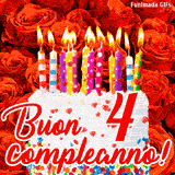 GIF animata per un 4° compleanno, Mostra una torta bianca con candeline colorate accese e coriandoli, di fronte a un muro di rose rosse, Il testo dice 'Buon 4 compleanno!'.