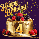 A delicious-looking animated birthday card for a 4th birthday, decorated with raspberries, blackberries, and gold details, Stars sparkle and fall, with 'Happy Birthday!' text above.