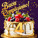 Un GIF animato di una bellissima torta per il 4° compleanno con glassa dorata e frutti di bosco freschi, Il numero dorato 4 è davanti, e stelle cadono su uno sfondo viola scuro.