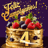 Una animación de celebración de una tarta para el 4º cumpleaños, Estrellas doradas caen del cielo, destacando el texto '¡Feliz Cumpleaños!' y el número dorado 4 en la tarta.