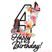 A floral 4th birthday animated greeting card. The number '4' is surrounded by animated flowers and butterflies, creating a beautiful and cheerful way to celebrate the milestone.